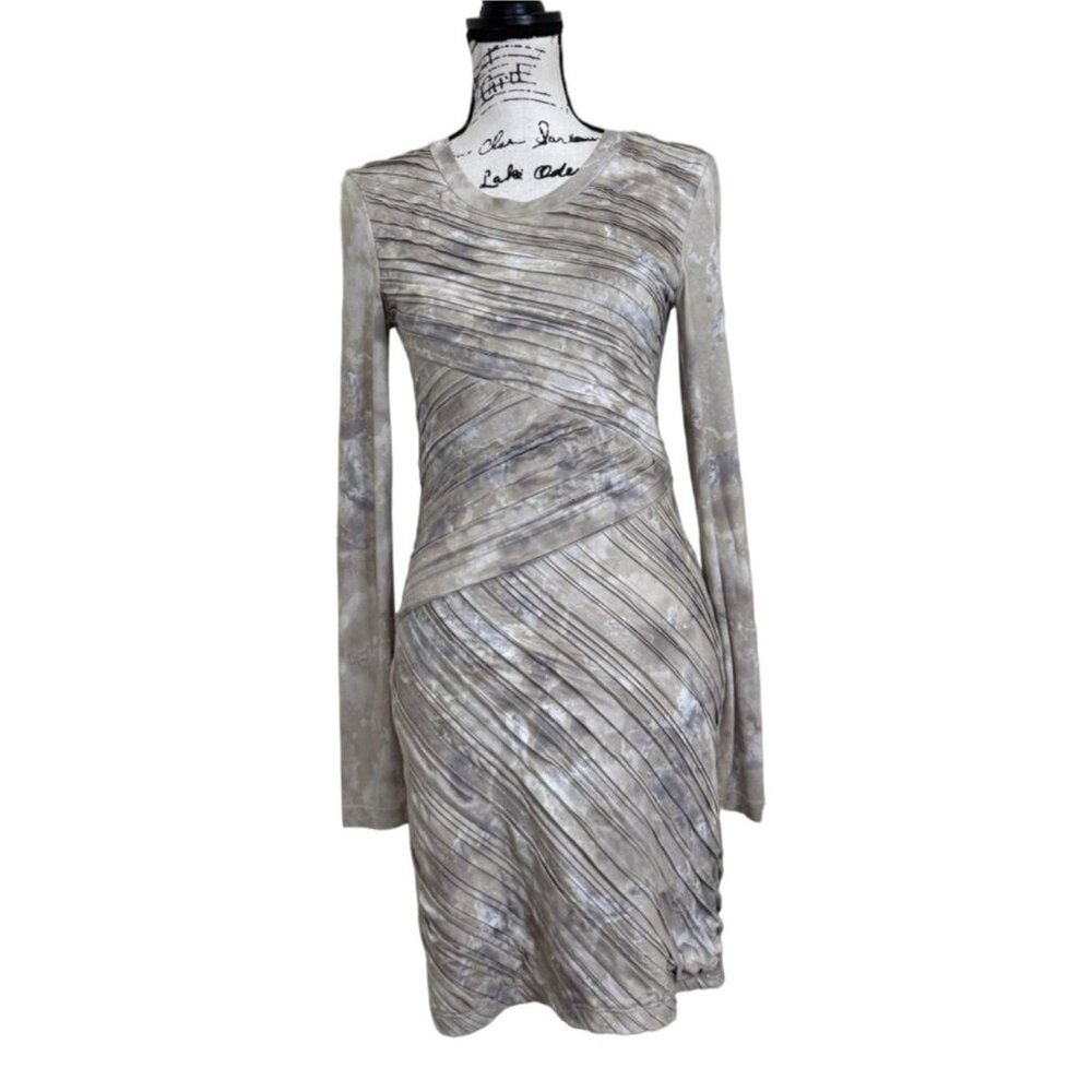Torn by Ronny Kobo Womens Size S Dress Pleated Patterned Long Sleeve Gray Beige